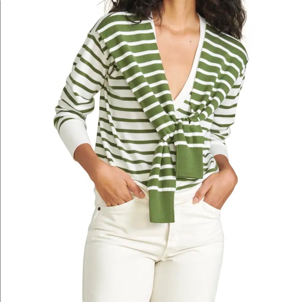 Veronica Beard army green Leni stripe tie sweater